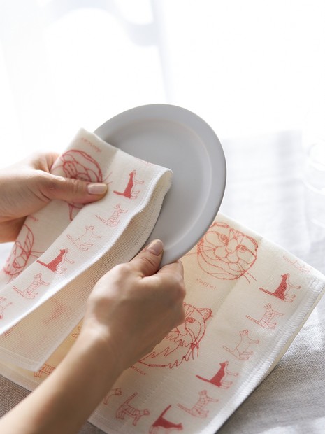 【＋HAyU fabric】猫柄 蚊帳織りふきん