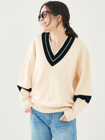 配色ラインVネックニットプルオーバー