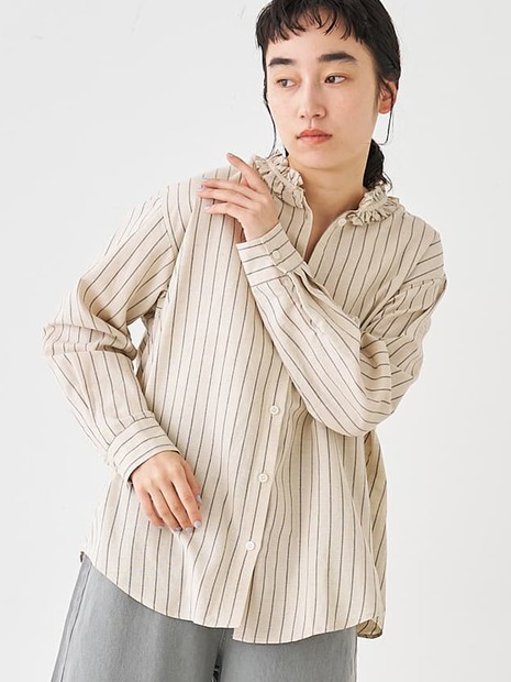 極美品 ATLAST&CO ストライプシャツ 16 ベージュ 麻混 フリルストライプシャツ｜collex / コレックス