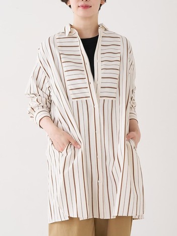 バックギャザーストライプブサムロングシャツ