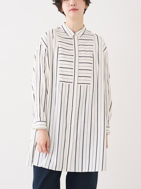 バックギャザーストライプブサムロングシャツ