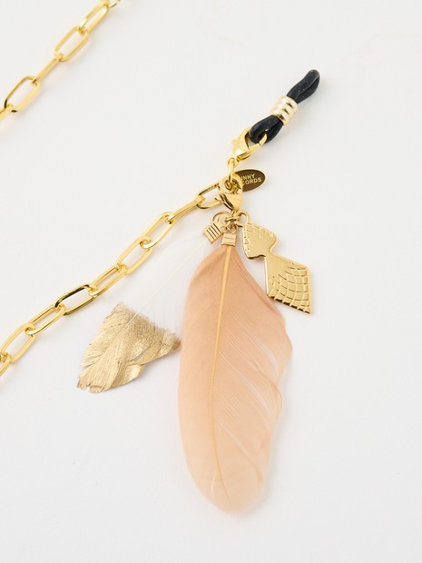 【スライド式】ガラスフラワーブルー×ゴールド枝葉 マスク用チェーン SUNNY CORDS】【別注】Mirror w Feather Gold／グラスチェーン｜THE