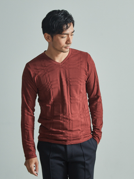 【展開店舗限定】チェック ジャガード Vネック 長袖 Tシャツ