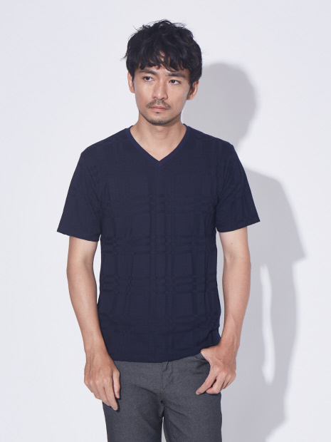 【展開店舗限定】チェック ジャガード Vネック 半袖 Tシャツ