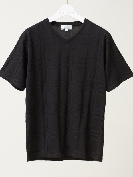 【展開店舗限定】チェック ジャガード Vネック 半袖 Tシャツ