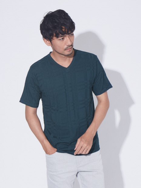 【展開店舗限定】チェック ジャガード Vネック 半袖 Tシャツ