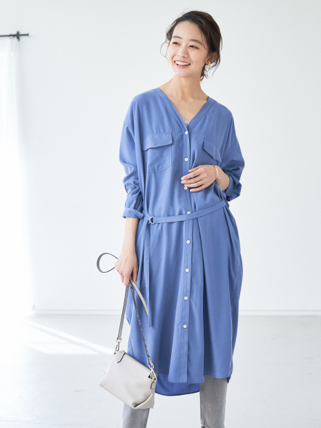 Ecru パウダーポプリンノーカラーシャツワンピース Abahouse Mavie アバハウス マヴィ