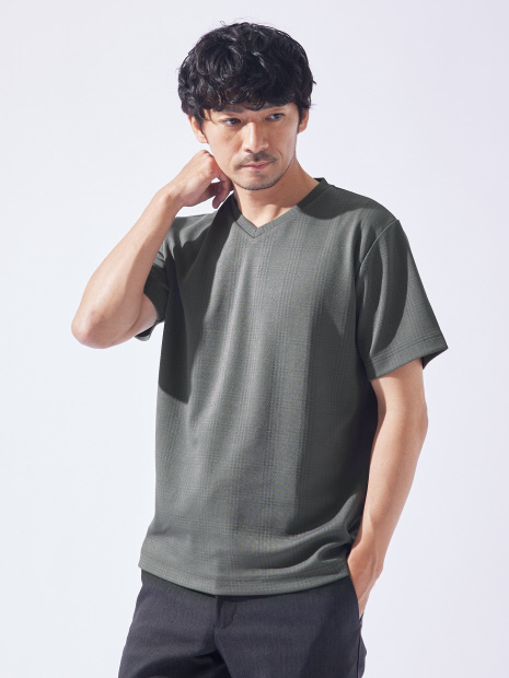 【チェック柄】ジャガード Vネック 半袖 Tシャツ