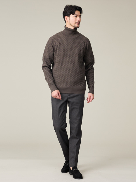 【ハイストレッチ】ブロックチェック ジャガード タートルネック ニット