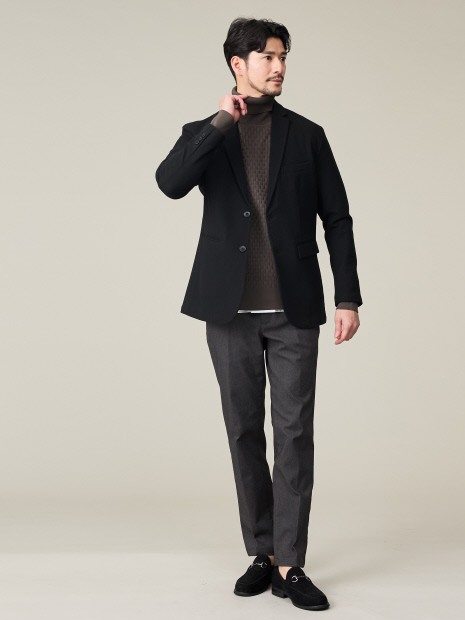 ハイストレッチ】ブロックチェック ジャガード タートルネック ニット