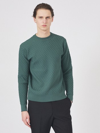 【ハイストレッチ】ブロックチェック ジャガード クルーネックニット