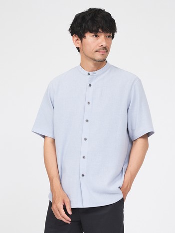 【リネンブレンド】バンドカラー ハーフスリーブ シャツ