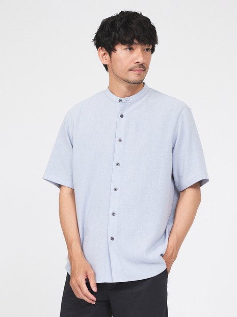【リネンブレンド】バンドカラー ハーフスリーブ シャツ