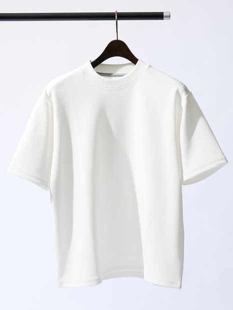【ヘリンボーン柄】ジャガード モックネック 半袖 Tシャツ