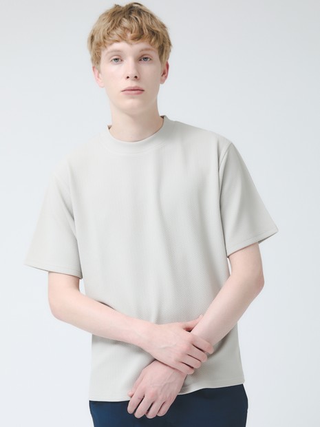 【ヘリンボーン柄】ジャガード モックネック 半袖 Tシャツ / アンサンブル対応