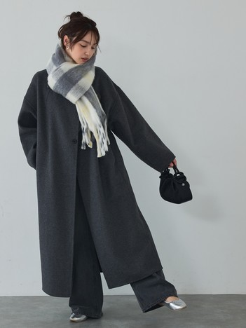 【体型カバー】ノーカラーロングコート/冬服/長袖/フォーマル/セミオケ/ウール混