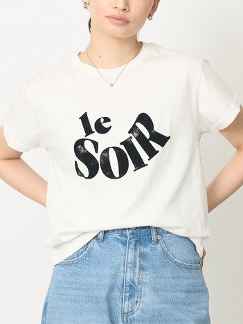 【コットン100％】甘編み天竺フロッキープリントTシャツ/半袖/夏服/ロゴT