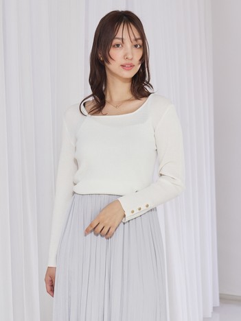 【袖ボタン】スクエアネックリブニット/きれいめ/セミオケ/通勤/春服