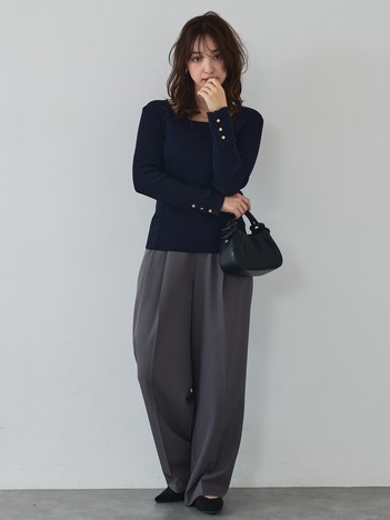 【袖ボタン】スクエアネックリブニット/きれいめ/セミオケ/通勤/春服