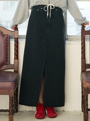 美品❣️ わたぬき服装 デニム調Aラインロングカート 黒 コットン100% 希少 前後スリット】Aラインデニムロングスカート｜abahouse mavie