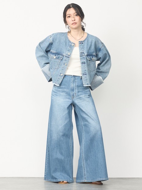 【EDWIN】ロールアップデニムジャケット/春服/Gジャン/ノーカラー/ショート丈